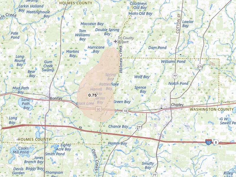 Radar-estimated hail-size map of the storm over Chipley, FL on Aug 25, 2026