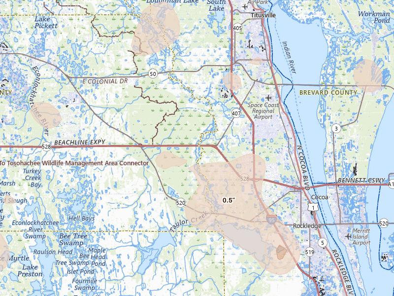 Radar-estimated hail-size map of the storm over Christmas, FL on Jun 24, 2026