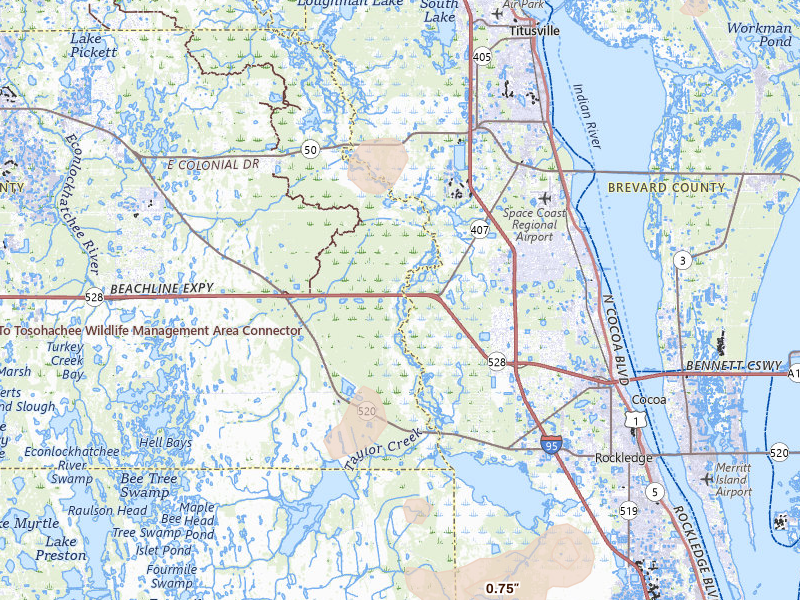 Radar-estimated hail-size map of the storm over Christmas, FL on Jun 29, 2026