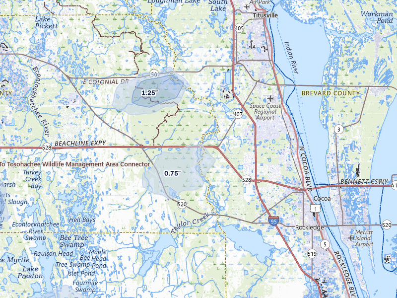 NEXRAD radar-signature map of the hail storm over Christmas, FL on Jun 30, 2026