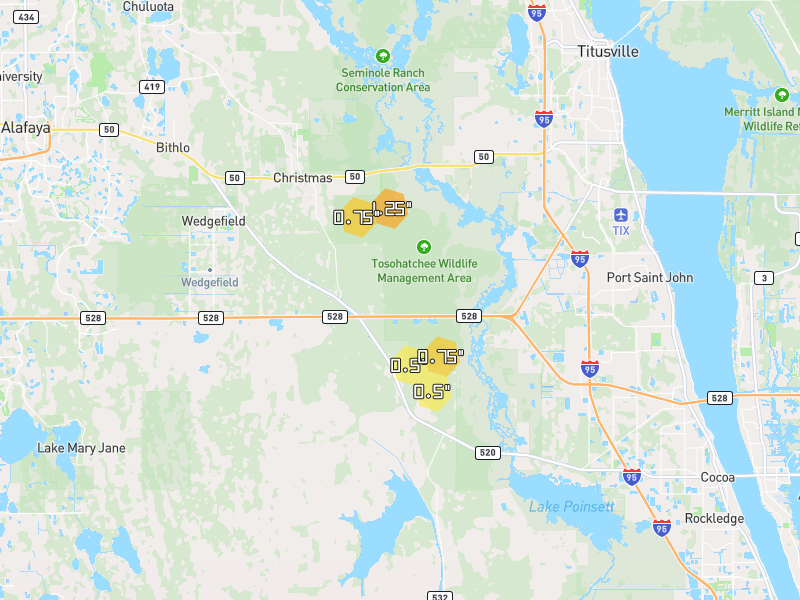 Hail map of Christmas, FL on Jun 30, 2026, hail up to 1.25"