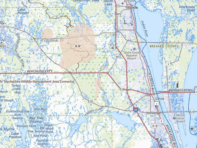 Radar-estimated hail-size map of the storm over Christmas, FL on Jul 4, 2026