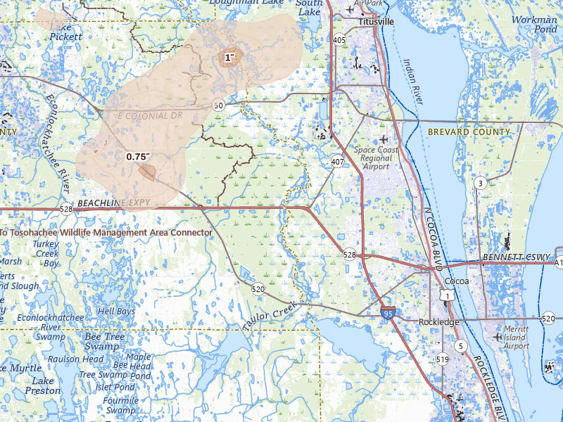 Radar-estimated hail-size map of the storm over Christmas, FL on Jul 6, 2026
