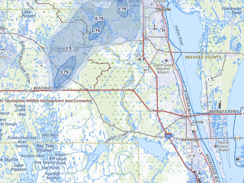NEXRAD radar-signature map of the hail storm over Christmas, FL on Jul 6, 2026
