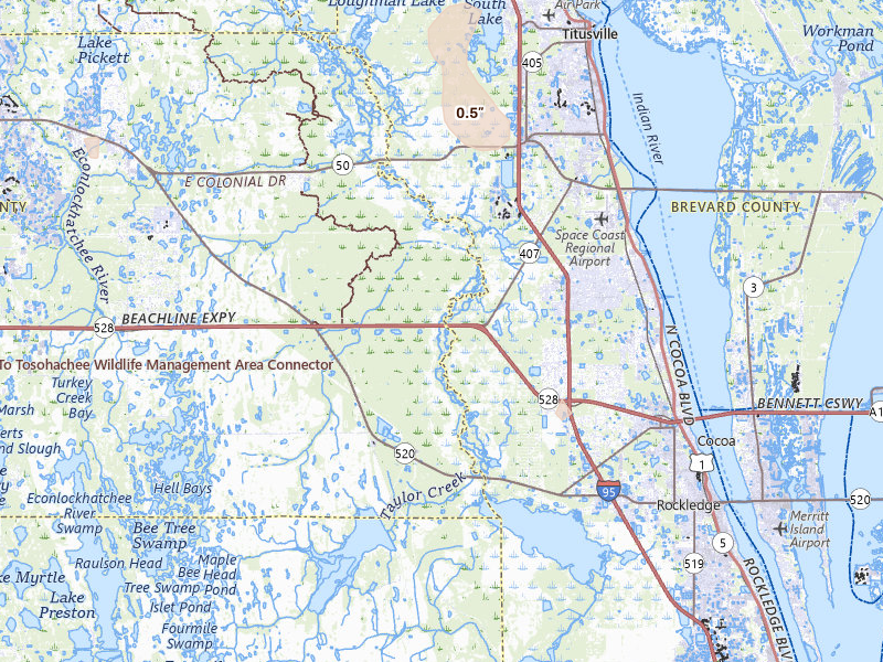 Radar-estimated hail-size map of the storm over Christmas, FL on Jul 13, 2026