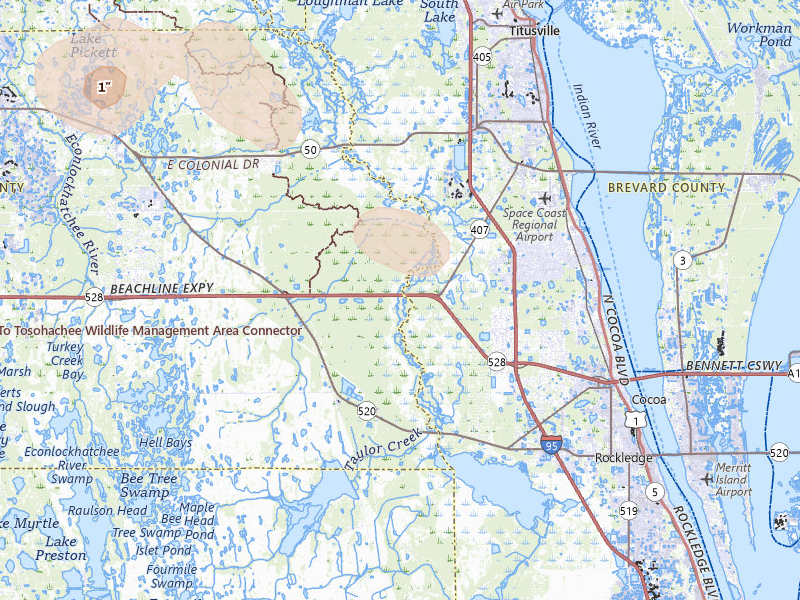 Radar-estimated hail-size map of the storm over Christmas, FL on Jul 17, 2026