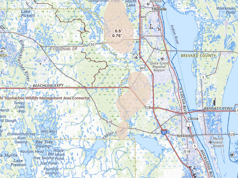 Radar-estimated hail-size map of the storm over Christmas, FL on Jul 26, 2026