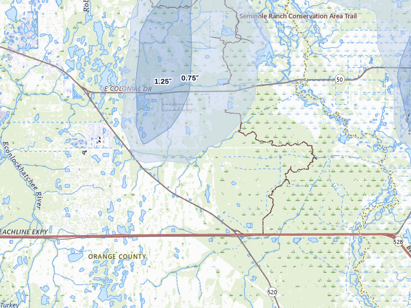 NEXRAD radar-signature map of the hail storm over Christmas, FL on Aug 20, 2026