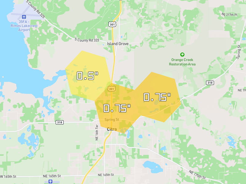 Hail map of Citra, FL on Jul 29, 2026, hail up to 0.75"