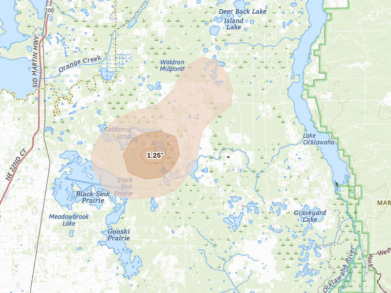 Radar-estimated hail-size map of the storm over Citra, FL on Aug 5, 2026