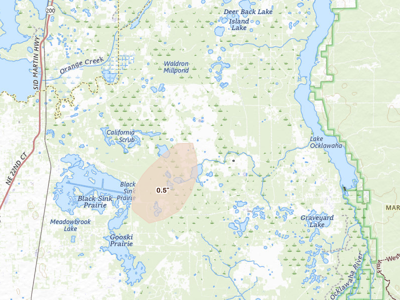 Radar-estimated hail-size map of the storm over Citra, FL on Aug 13, 2026