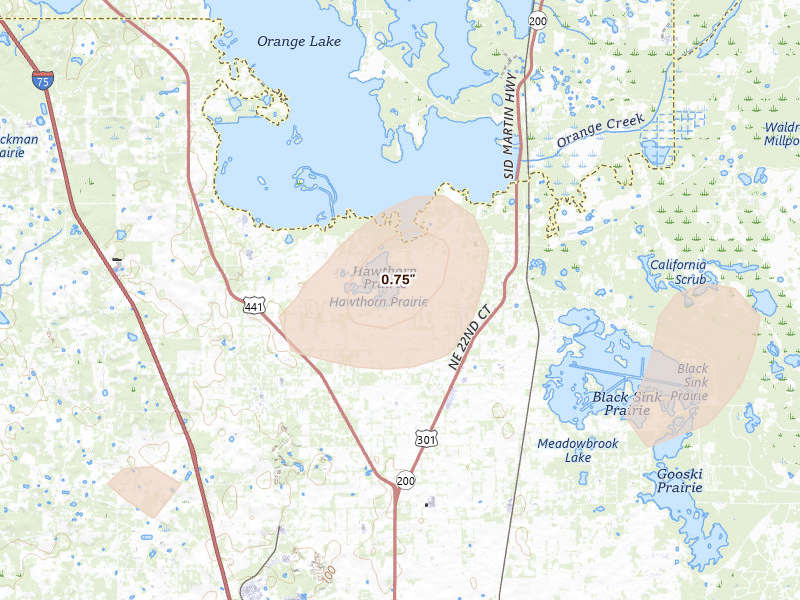 Radar-estimated hail-size map of the storm over Citra, FL on Aug 20, 2026