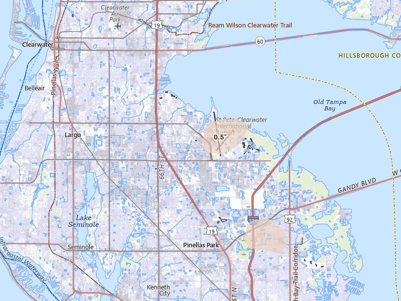 Radar-estimated hail-size map of the storm over Clearwater, FL on Jun 27, 2026