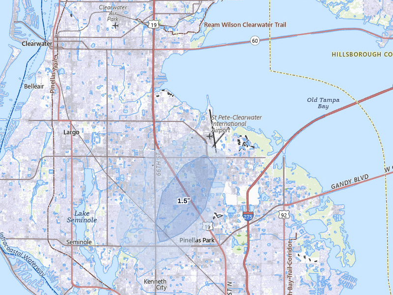 NEXRAD radar-signature map of the hail over Clearwater, FL