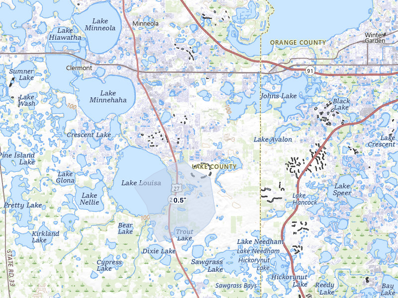 NEXRAD radar-signature map of the hail over Clermont, FL