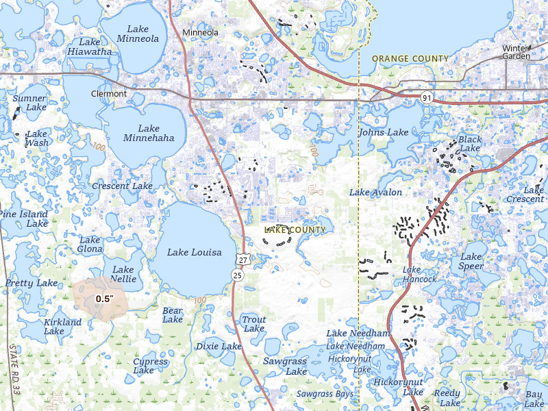 Radar-estimated hail-size map of the storm over Clermont, FL on May 16, 2026
