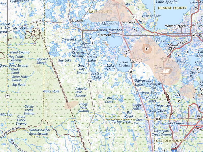 Radar-estimated hail-size map of the storm over Clermont, FL on Jun 29, 2026