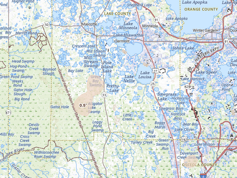 Radar-estimated hail-size map of the storm over Clermont, FL on Jul 6, 2026