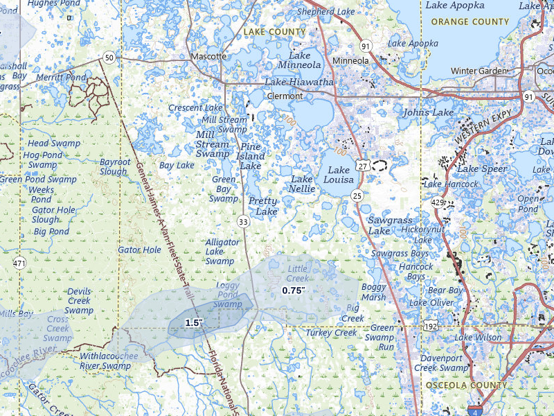 NEXRAD radar-signature map of the hail storm over Clermont, FL on Jul 12, 2026