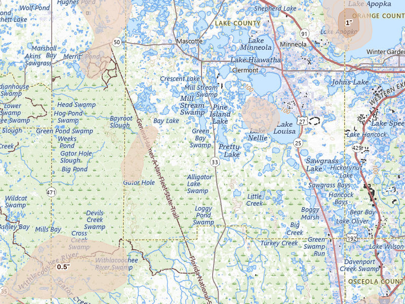 Radar-estimated hail-size map of the storm over Clermont, FL on Aug 19, 2026