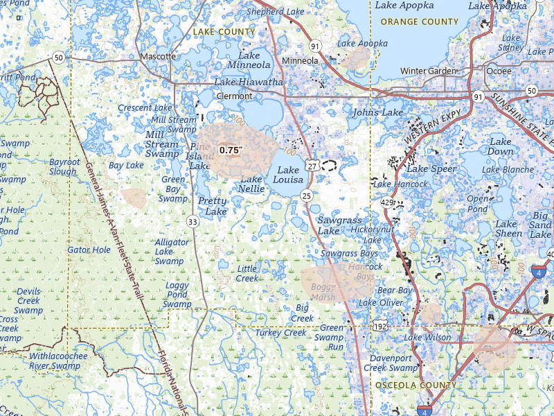 Radar-estimated hail-size map of the storm over Clermont, FL on Aug 26, 2026