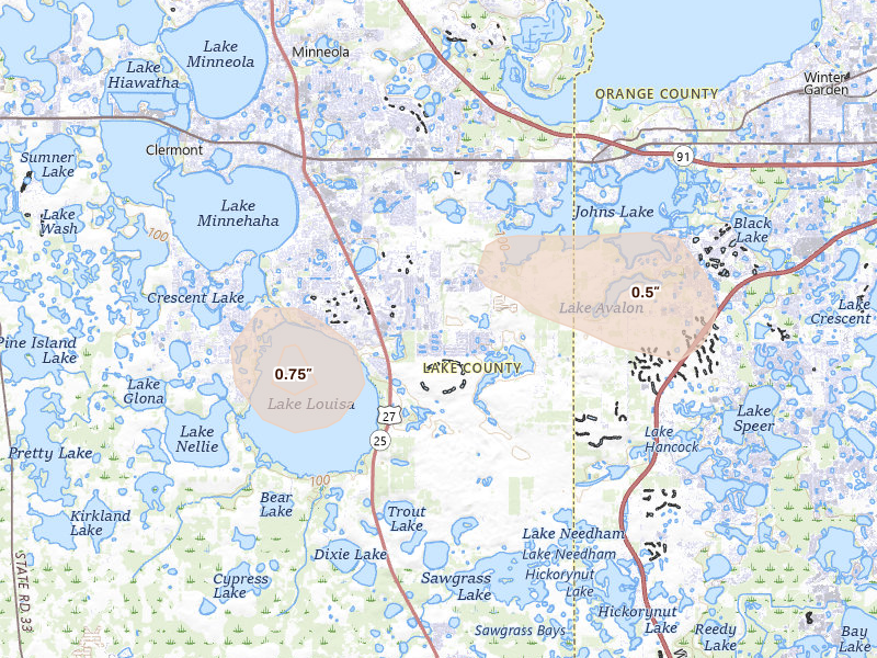 Radar-estimated hail-size map of the storm over Clermont, FL on Aug 29, 2026