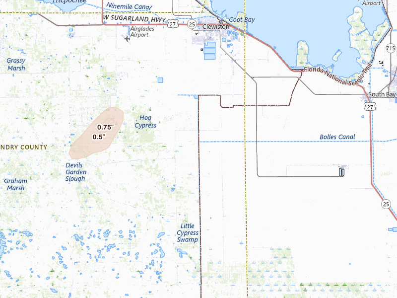 Radar-estimated hail-size map of the storm over Clewiston, FL on May 22, 2026