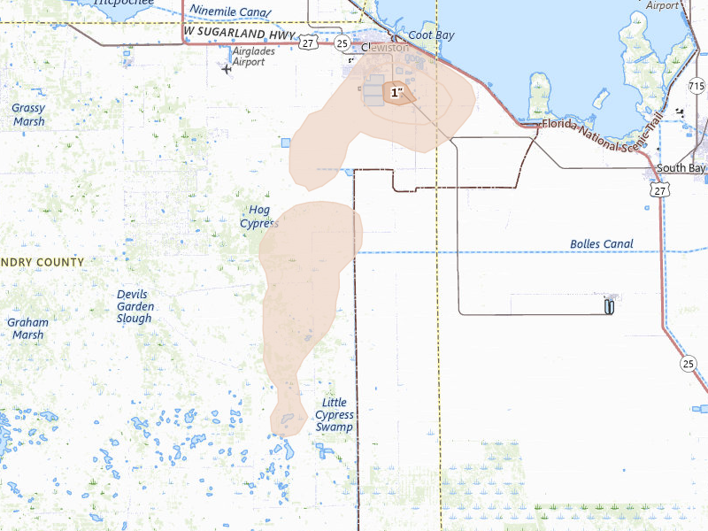 Radar-estimated hail-size map of the storm over Clewiston, FL on Jun 2, 2026