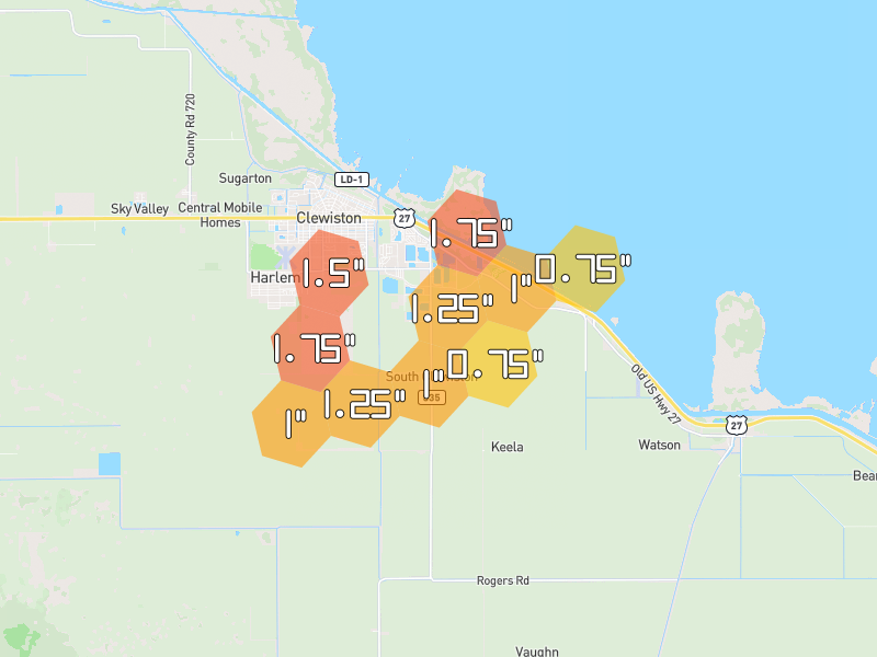 Hail map of Clewiston, FL on Jun 2, 2026, hail up to 1.75"