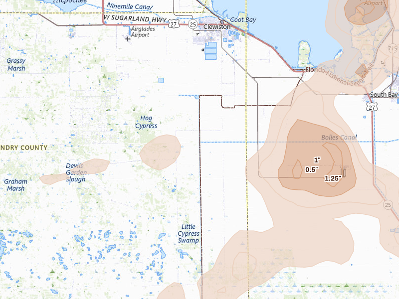Radar-estimated hail-size map of the storm over Clewiston, FL on Jun 19, 2026