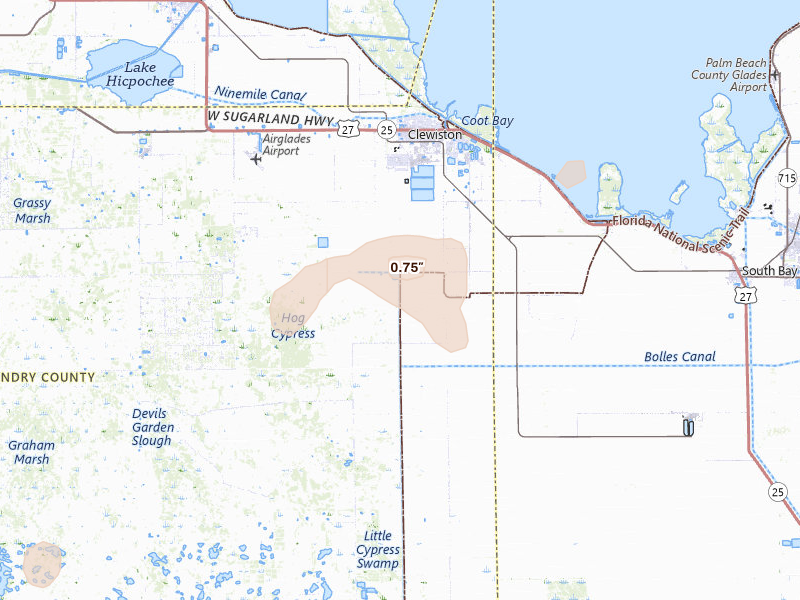 Radar-estimated hail-size map of the storm over Clewiston, FL on Jul 10, 2026