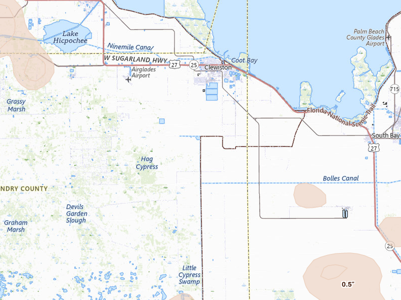 Radar-estimated hail-size map of the storm over Clewiston, FL on Jul 13, 2026