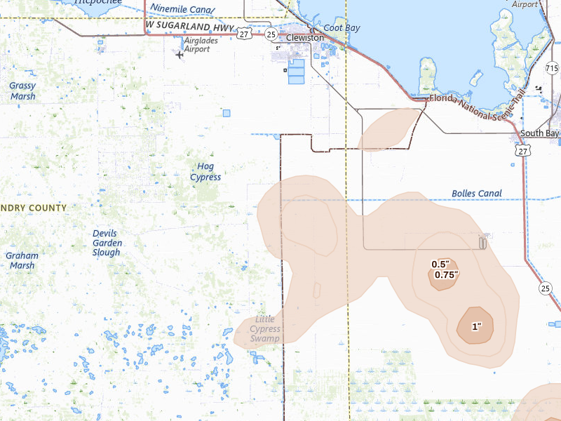 Radar-estimated hail-size map of the storm over Clewiston, FL on Jul 17, 2026