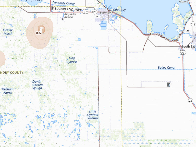 Radar-estimated hail-size map of the storm over Clewiston, FL on Jul 26, 2026