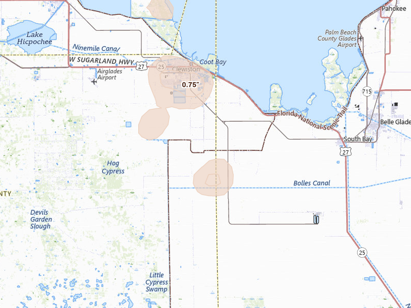 Radar-estimated hail-size map of the storm over Clewiston, FL on Aug 19, 2026