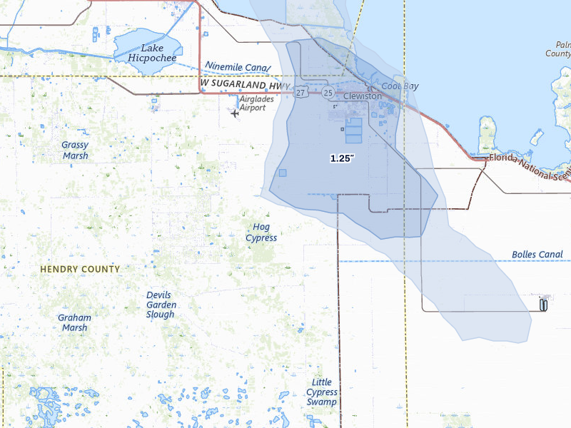 NEXRAD radar-signature map of the hail storm over Clewiston, FL on Aug 19, 2026