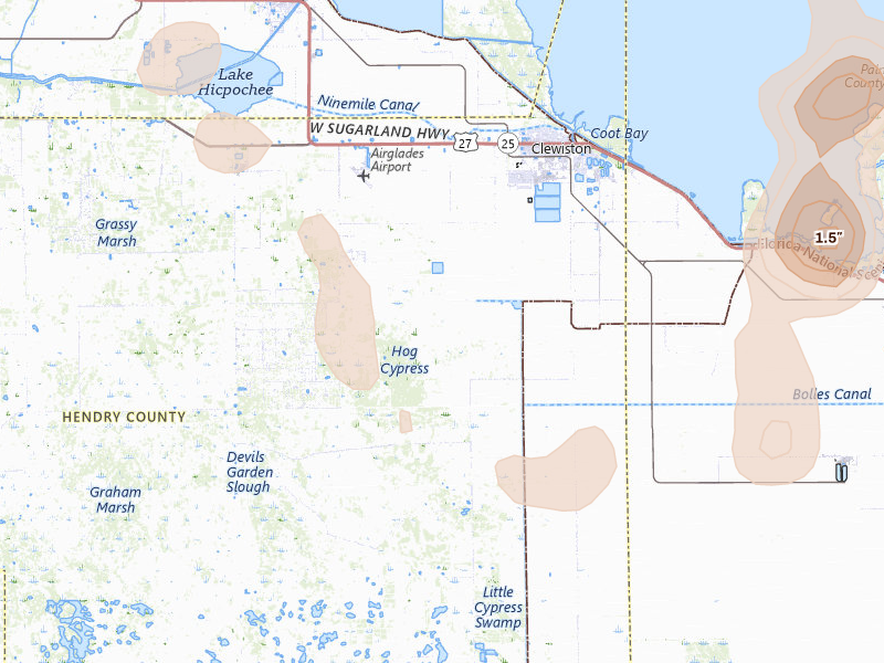 Radar-estimated hail-size map of the storm over Clewiston, FL on Aug 20, 2026