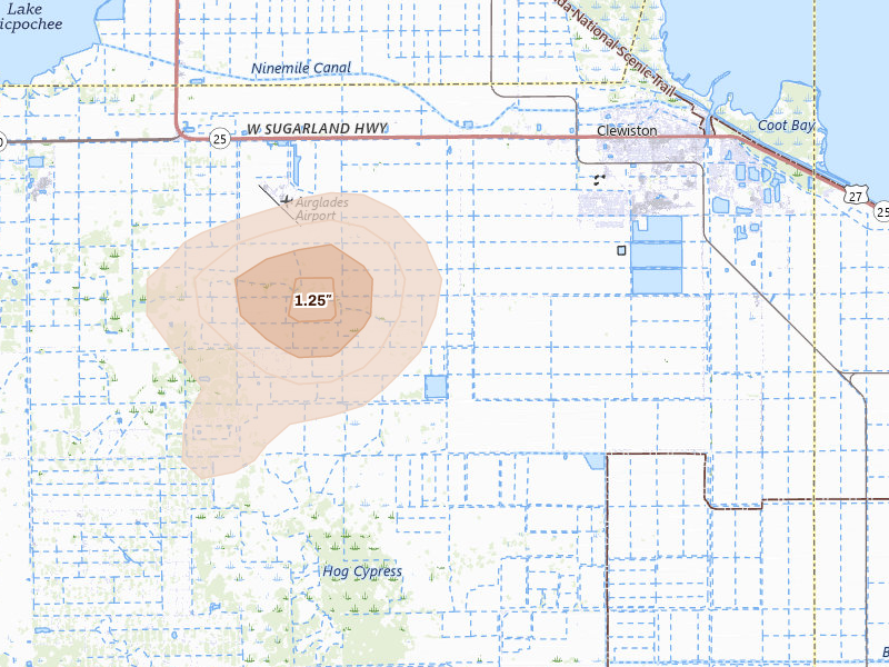 Radar-estimated hail-size map of the storm over Clewiston, FL on Sep 5, 2026