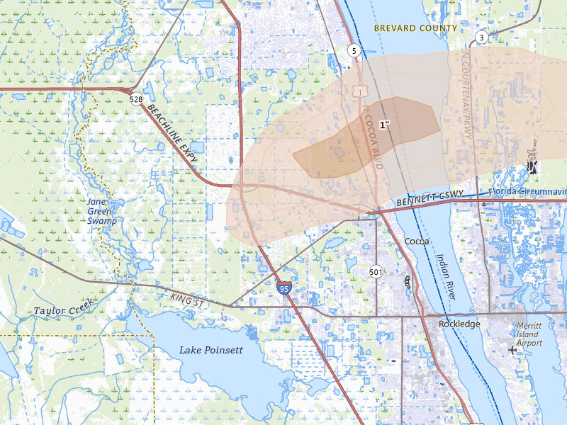 Radar-estimated hail-size map of the storm over Cocoa, FL on Jun 19, 2026