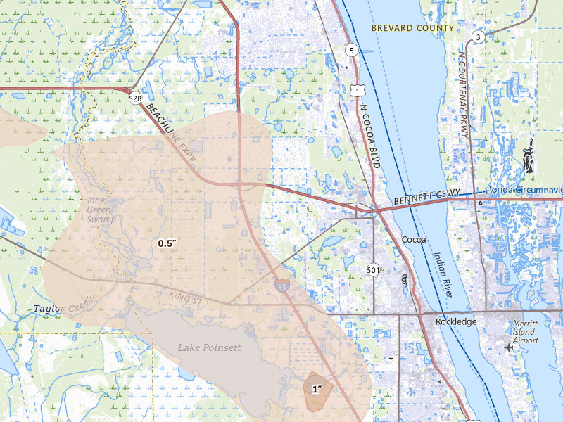 Radar-estimated hail-size map of the storm over Cocoa, FL on Jun 24, 2026