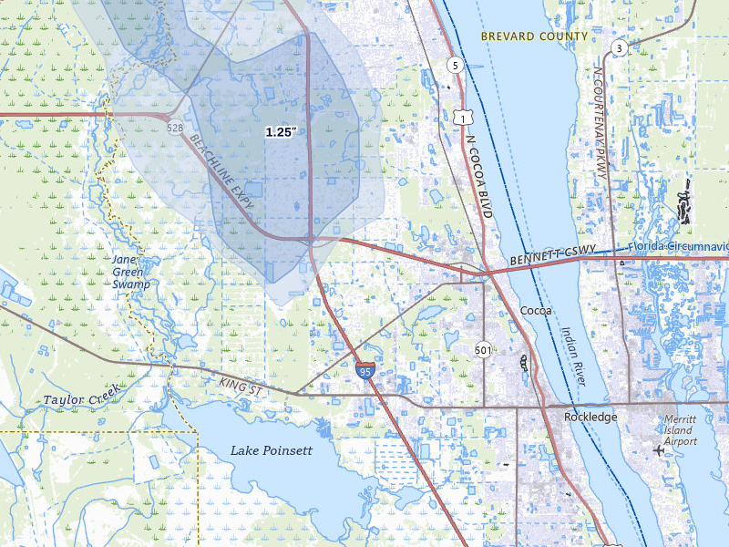 NEXRAD radar-signature map of the hail over Cocoa, FL
