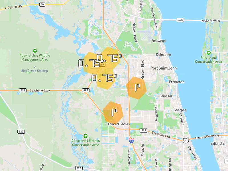 Hail map of Cocoa, FL on Jul 13, 2026, hail up to 1"