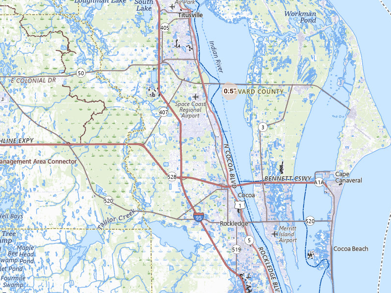 Radar-estimated hail-size map of the storm over Cocoa, FL on Jul 31, 2026