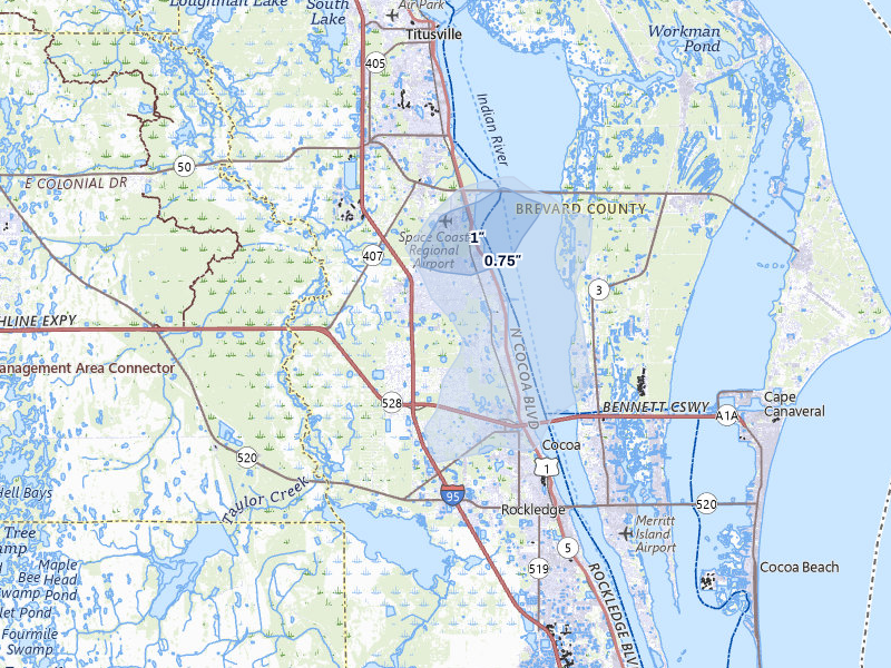 NEXRAD radar-signature map of the hail storm over Cocoa, FL on Jul 31, 2026