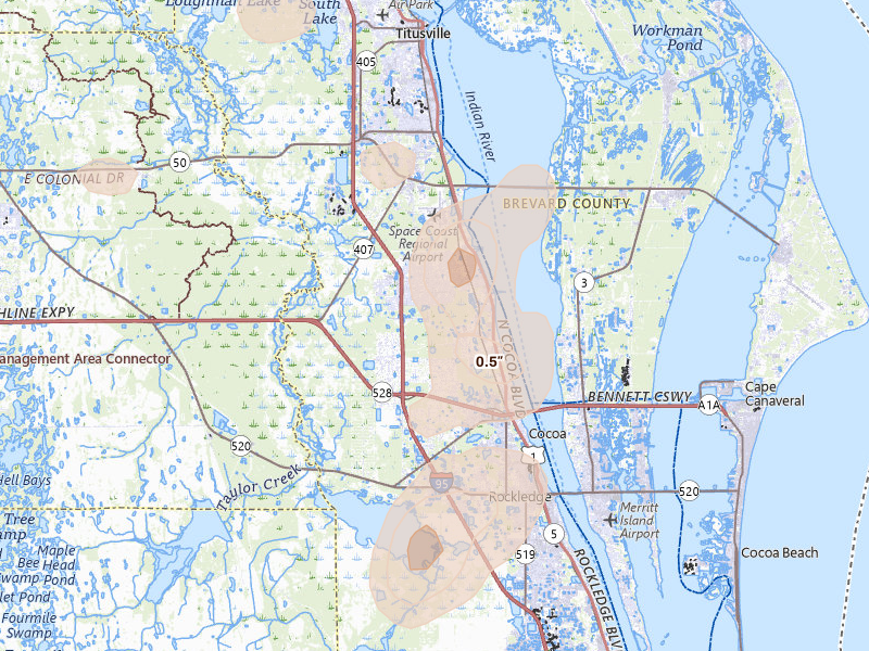 Radar-estimated hail-size map of the storm over Cocoa, FL on Aug 20, 2026