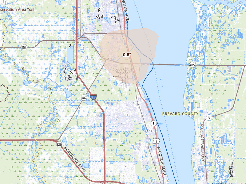 Radar-estimated hail-size map of the storm over Cocoa, FL on Aug 22, 2026