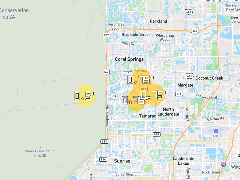 Hail map of Coral Springs, FL on Jul 25, 2026, hail up to 0.75"