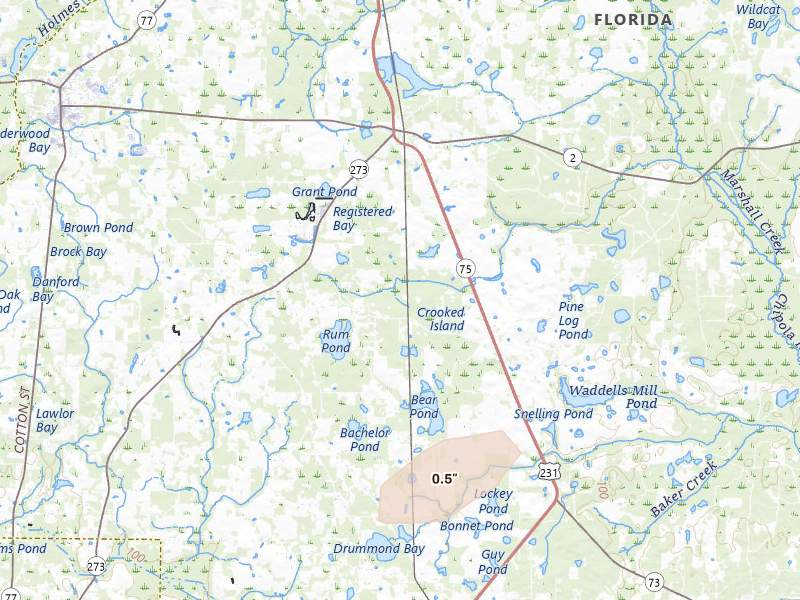 Radar-estimated hail-size map of the storm over Cottondale, FL on May 8, 2026