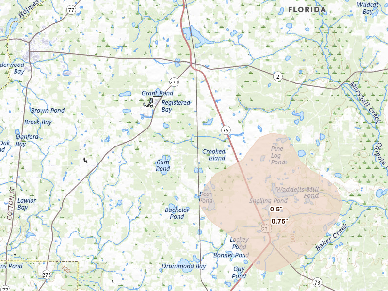 Radar-estimated hail-size map of the storm over Cottondale, FL on Jun 1, 2026