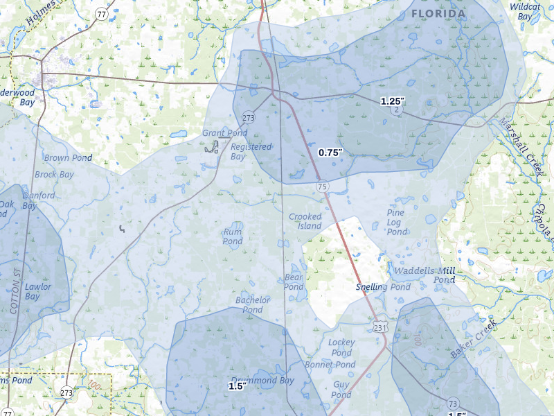 NEXRAD radar-signature map of the hail storm over Cottondale, FL on Jul 29, 2026